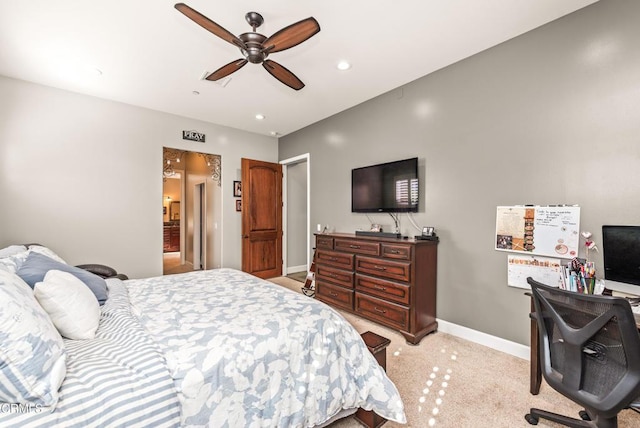 carpeted bedroom with ceiling fan