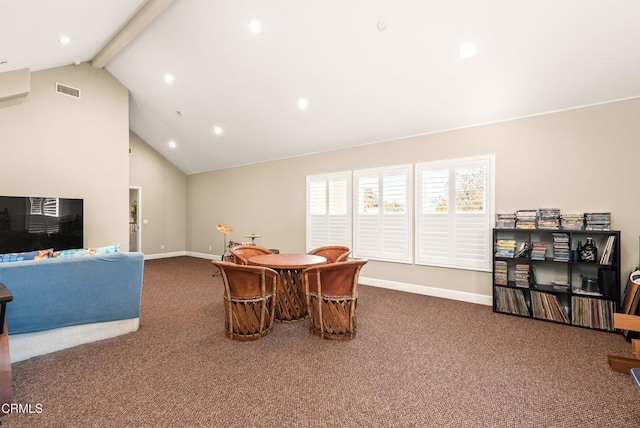 dining space with beamed ceiling, carpet flooring, and high vaulted ceiling