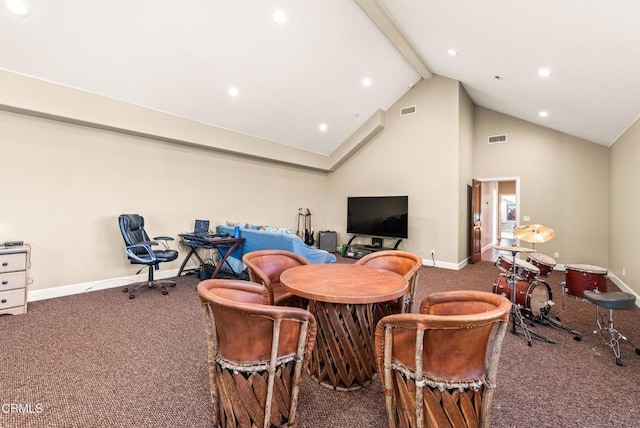 interior space with beamed ceiling and high vaulted ceiling