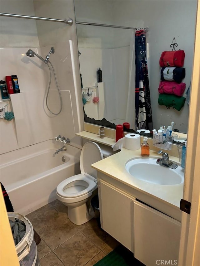 full bathroom featuring shower / bath combination with curtain, vanity, toilet, and tile patterned flooring