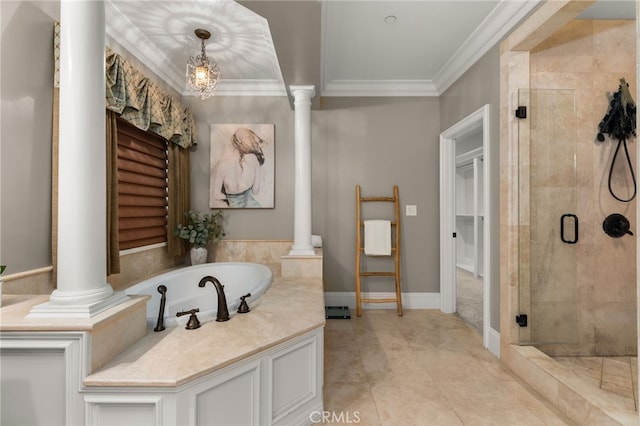 bathroom featuring tile patterned floors, ornamental molding, decorative columns, and independent shower and bath