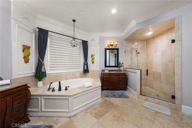 bathroom featuring vanity, separate shower and tub, and crown molding