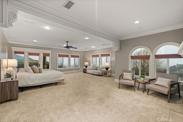 bedroom featuring light carpet and ornamental molding