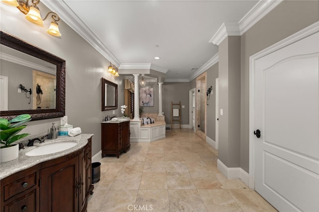 bathroom with ornate columns, vanity, shower with separate bathtub, and crown molding