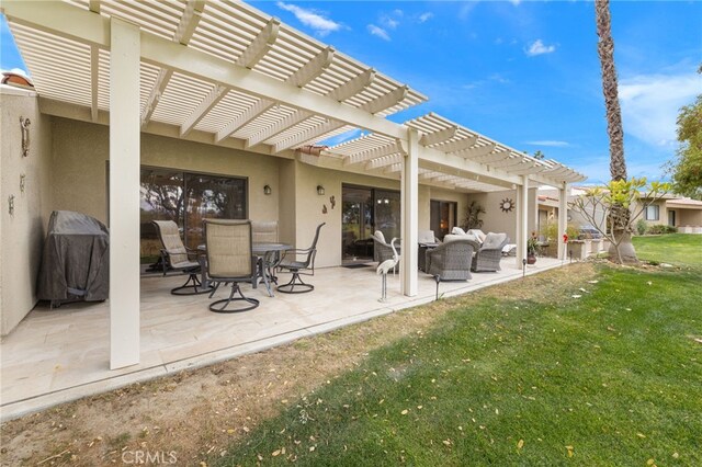 view of patio / terrace with area for grilling, an outdoor living space, and a pergola