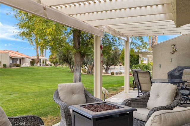 view of patio featuring an outdoor fire pit and a pergola