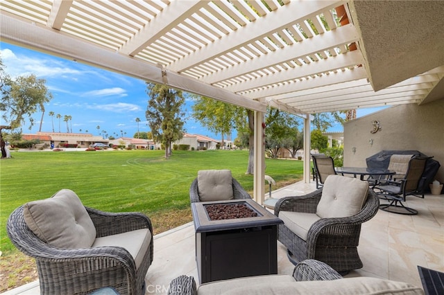 view of patio with an outdoor fire pit and a pergola