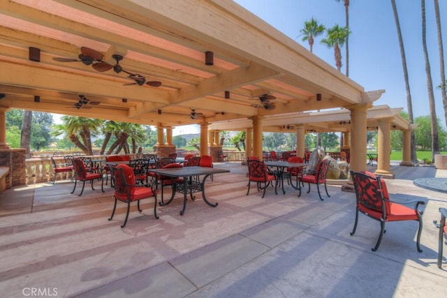 5467 Breckenridge Ave, Banning, CA 92220 - view of patio / terrace with outdoor dining area, a ceiling fan, and a gazebo