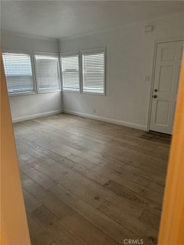 unfurnished room featuring crown molding and light hardwood / wood-style floors