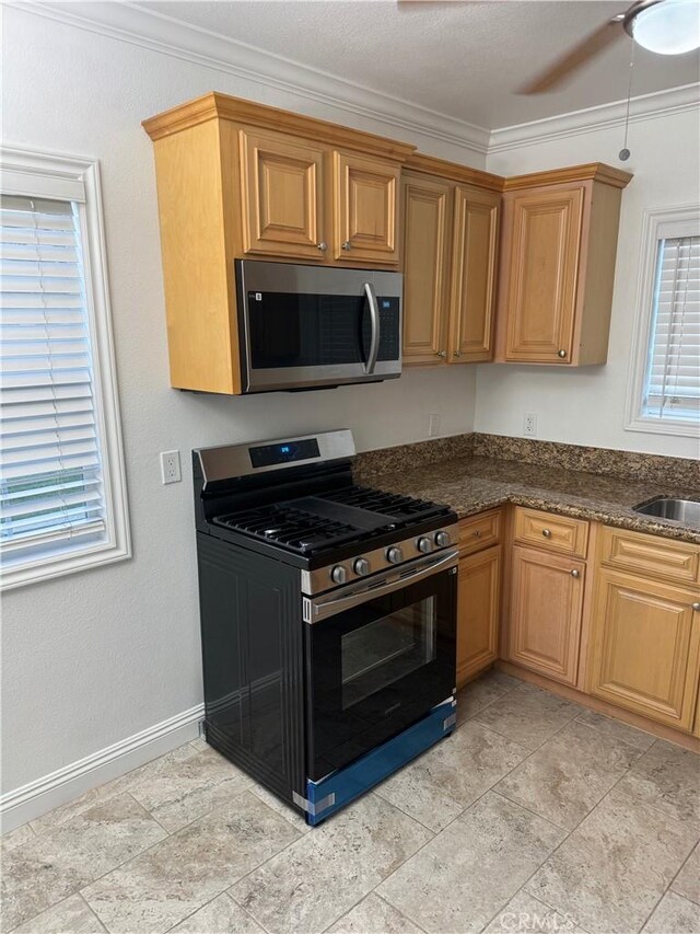 kitchen featuring crown molding, stainless steel appliances, dark stone counters, and ceiling fan