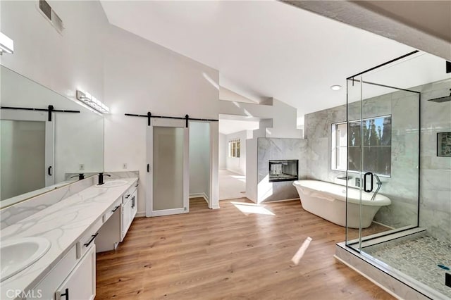 bathroom with vanity, a premium fireplace, separate shower and tub, and hardwood / wood-style floors