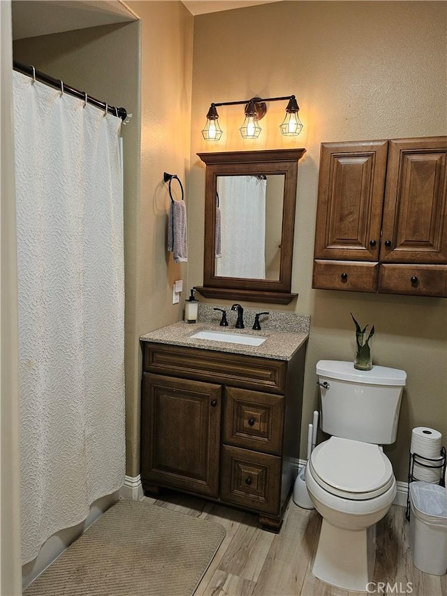 bathroom with wood-type flooring, vanity, and toilet