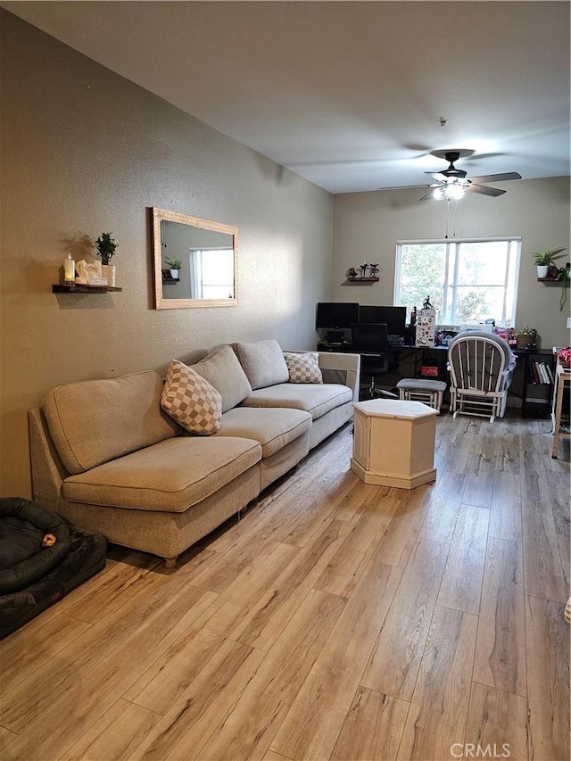 living room with ceiling fan and light hardwood / wood-style floors