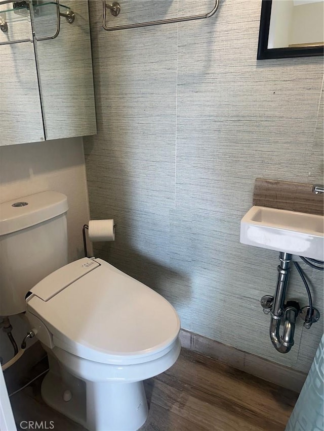 bathroom featuring a sink, toilet, and wood finished floors