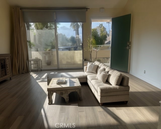 living room with baseboards and wood finished floors