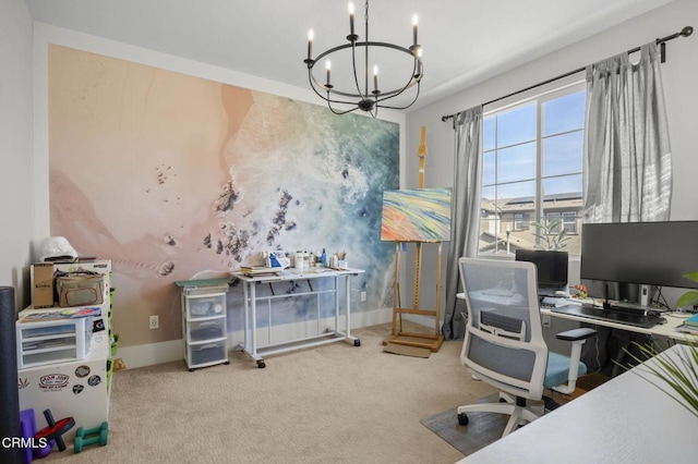 carpeted office space with a chandelier