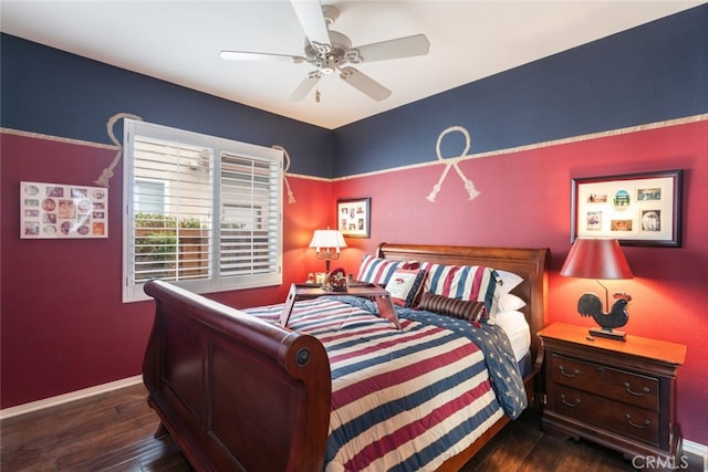 bedroom featuring dark hardwood / wood-style floors and ceiling fan