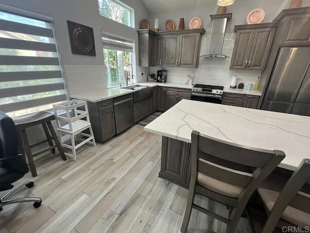 kitchen with sink, backsplash, appliances with stainless steel finishes, a kitchen breakfast bar, and wall chimney range hood