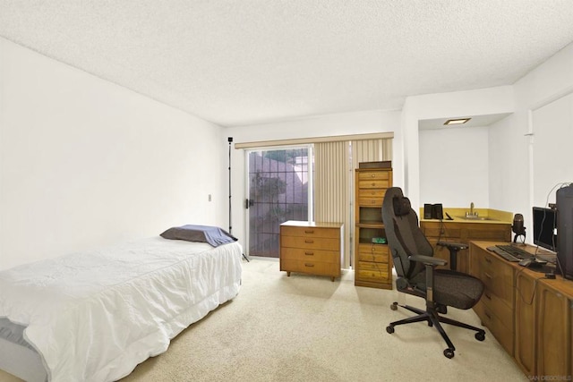 bedroom with access to outside and a textured ceiling