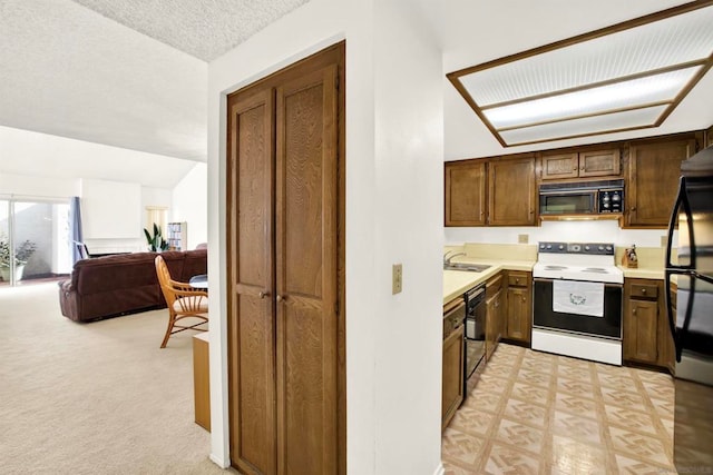 kitchen with sink, light colored carpet, a textured ceiling, and black appliances