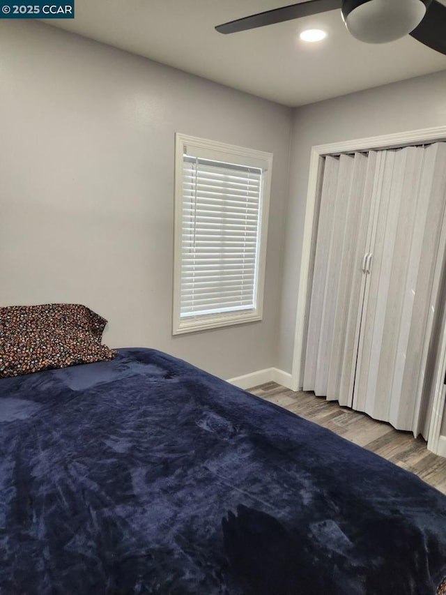 bedroom with ceiling fan, a closet, and light hardwood / wood-style flooring