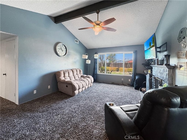 living room featuring carpet floors, vaulted ceiling with beams, and a textured ceiling