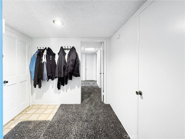 interior space featuring light carpet and a textured ceiling