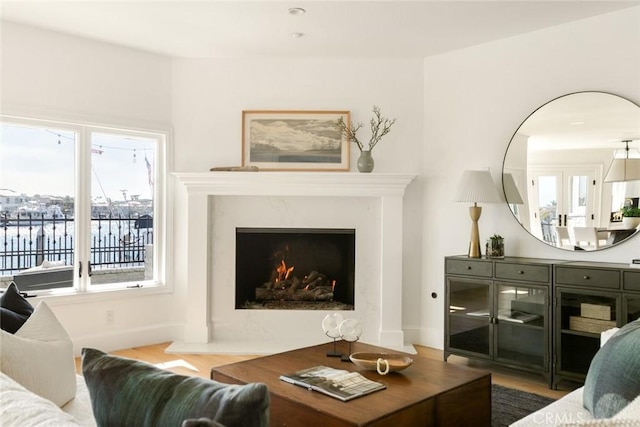 living room with a water view, a fireplace, and hardwood / wood-style floors