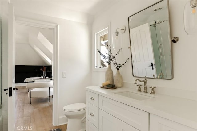 bathroom featuring vanity, wood-type flooring, and toilet