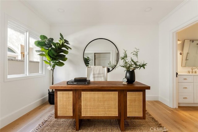 interior details with hardwood / wood-style flooring, ornamental molding, and sink