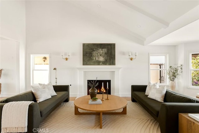 living room with vaulted ceiling with beams and hardwood / wood-style floors