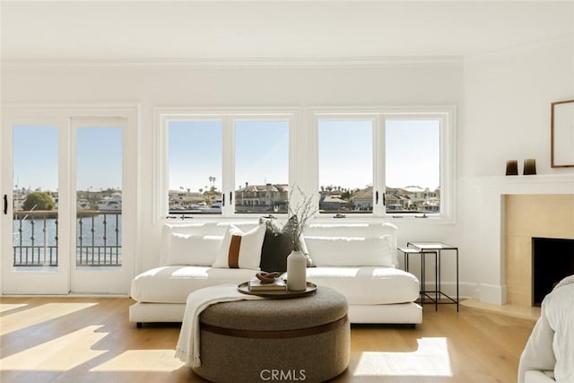 sunroom / solarium featuring a water view, plenty of natural light, and a high end fireplace