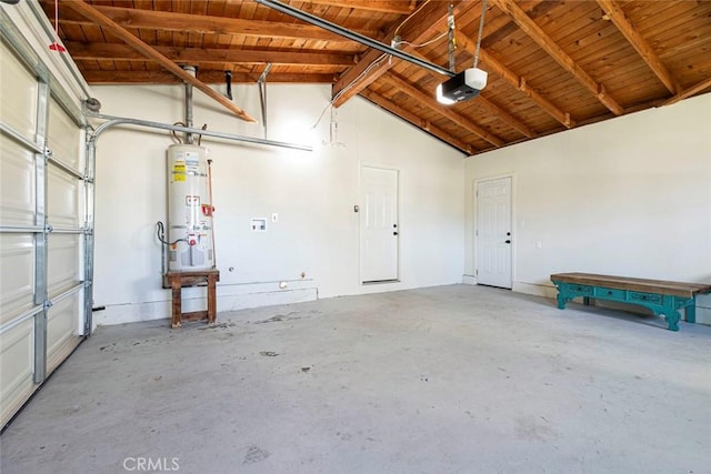 garage with wood ceiling, a garage door opener, and water heater