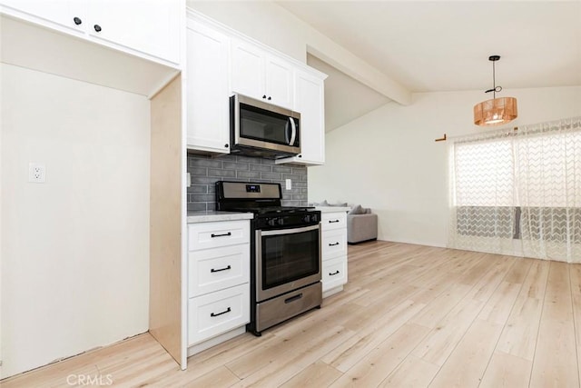 kitchen with vaulted ceiling with beams, stainless steel appliances, decorative backsplash, white cabinets, and decorative light fixtures