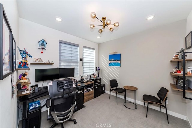 carpeted office featuring a chandelier