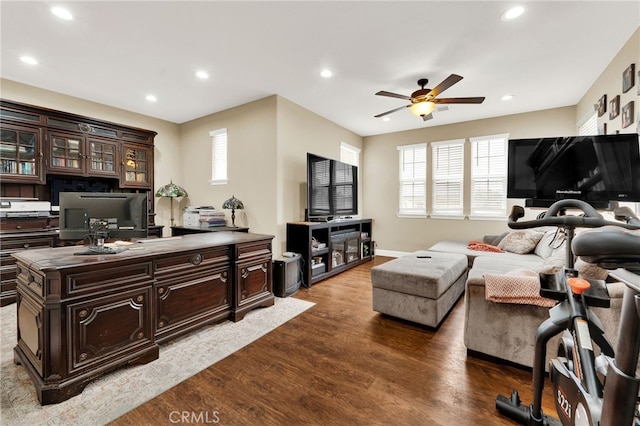 living room with hardwood / wood-style flooring and ceiling fan