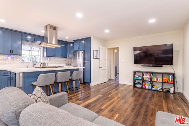 living room featuring sink and dark wood-type flooring