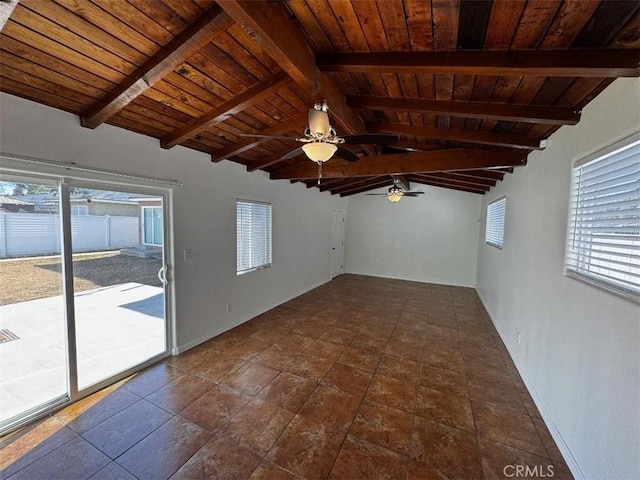 interior space featuring vaulted ceiling with beams, wooden ceiling, and ceiling fan