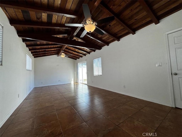 tiled spare room with ceiling fan, vaulted ceiling with beams, and wood ceiling