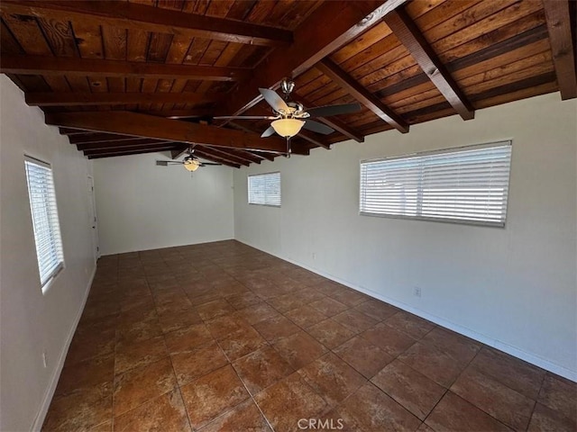 unfurnished room with ceiling fan, vaulted ceiling with beams, and wood ceiling