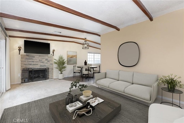 25609 Oakbar Ct, Newhall, CA 91321 - living room featuring a fireplace, carpet floors, and baseboards