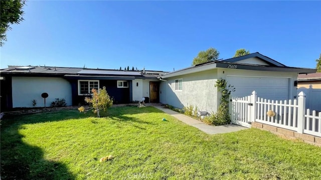 25609 Oakbar Ct, Newhall, CA 91321 - ranch-style home with stucco siding, an attached garage, and roof mounted solar panels