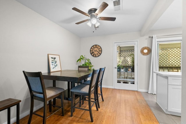 dining space featuring light wood-style floors, visible vents, baseboards, and a ceiling fan