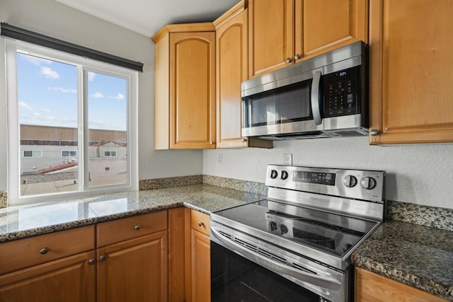 kitchen with dark stone countertops and stainless steel appliances