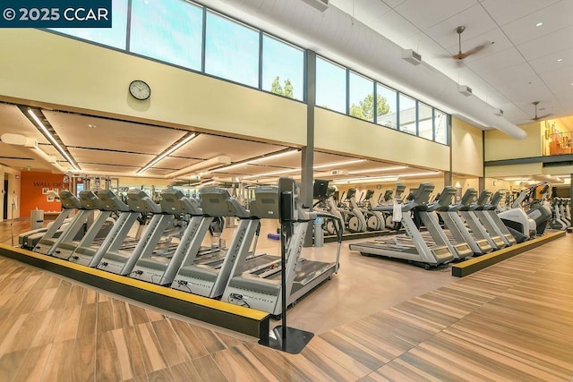 workout area with a high ceiling