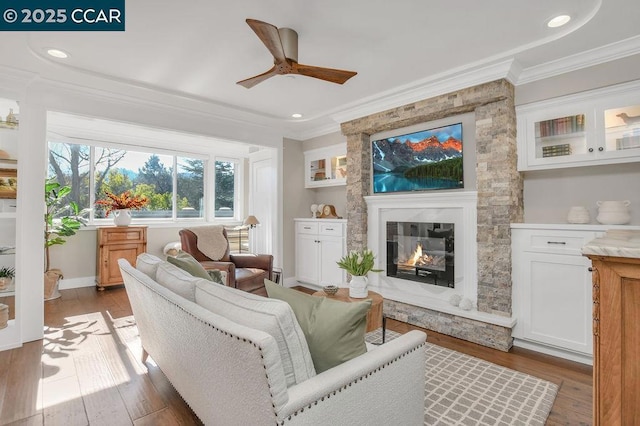 living room with a large fireplace, ornamental molding, and dark hardwood / wood-style flooring