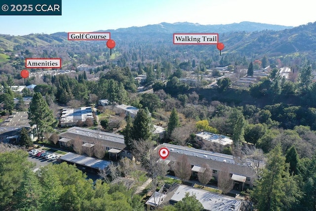 drone / aerial view featuring a mountain view