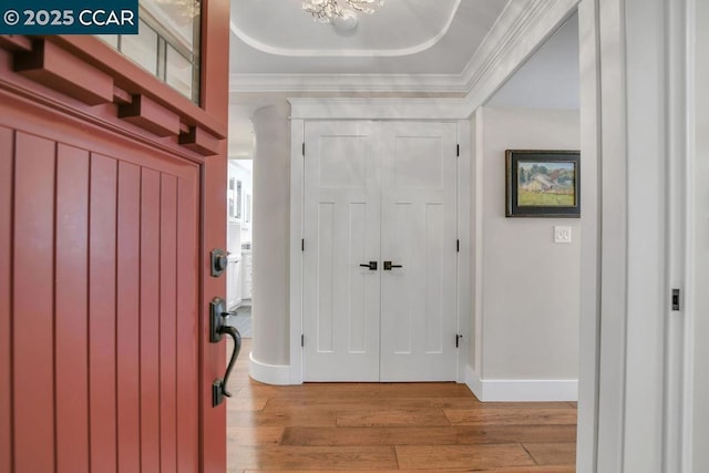 entryway with a raised ceiling, ornamental molding, and light hardwood / wood-style flooring