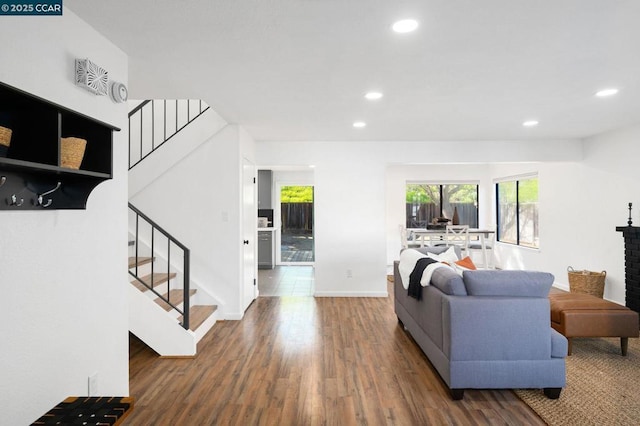 living room with dark hardwood / wood-style flooring