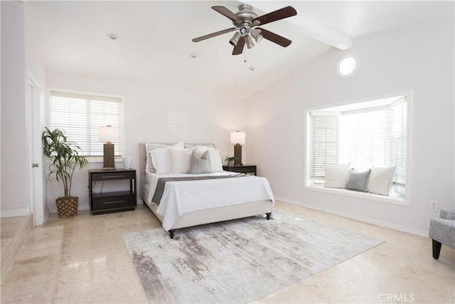 bedroom with lofted ceiling with beams and ceiling fan